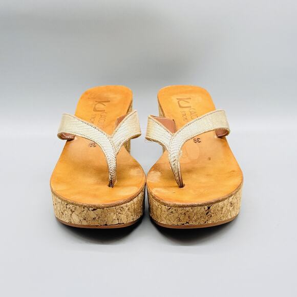 K Jacques St Tropez Sandals Womens 8 Gold Leather Wedge Platform Cork Thong Shoe - Picture 3 of 12